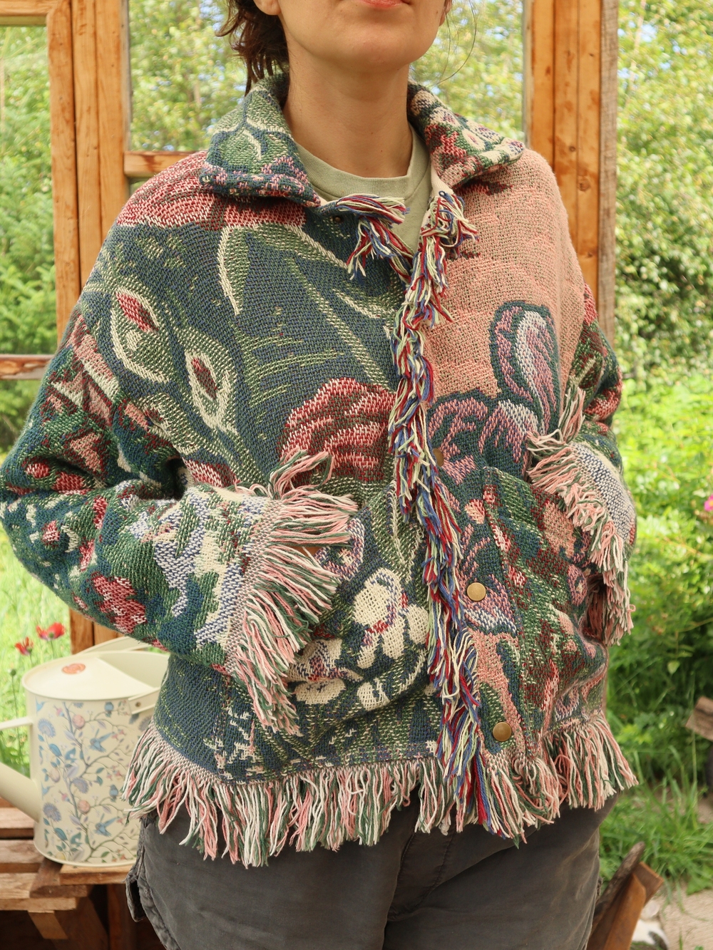 Upcycled Vintage Blanket Jacket With Fringe Garden Flowers Cottagecore - Picture 8 of 16